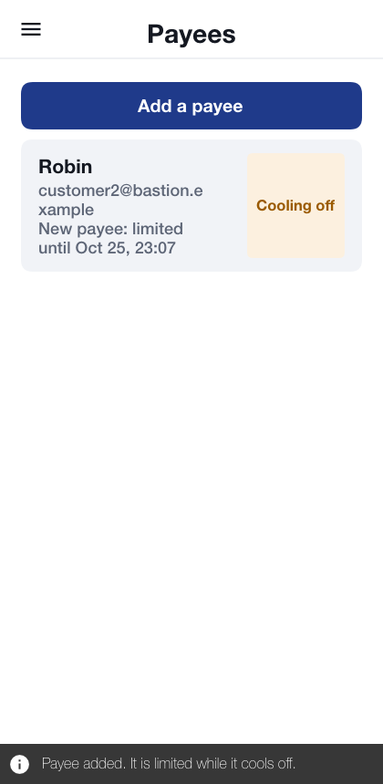 The payees screen with one payee, Robin, marked Cooling off with the time the limit ends