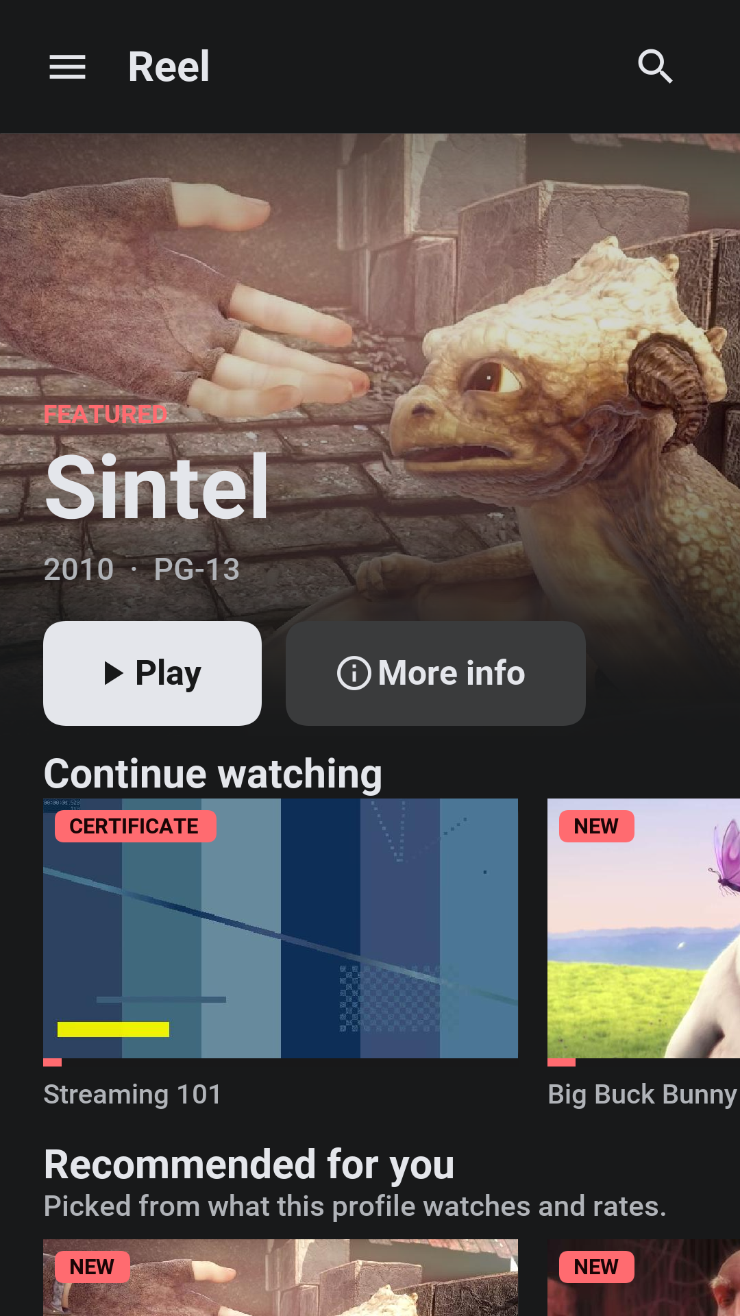 The home screen with a featured title, its Play and More info buttons, and a row of recommendations under it
